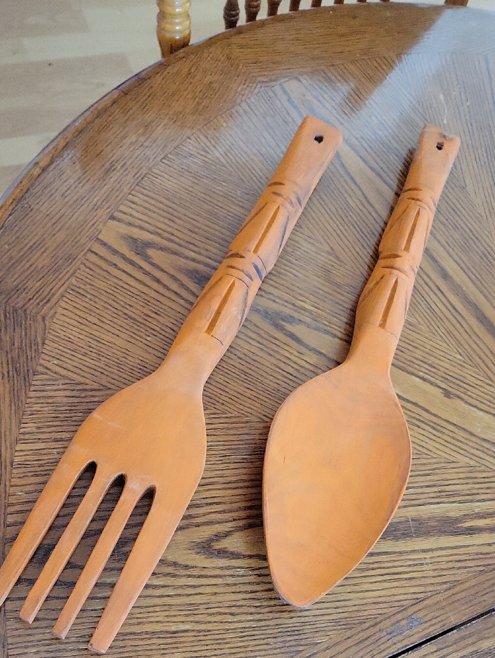 Large 19" Vintage Painted  Decorative Wooden Salad Fork and Spoon - Wall Hangers